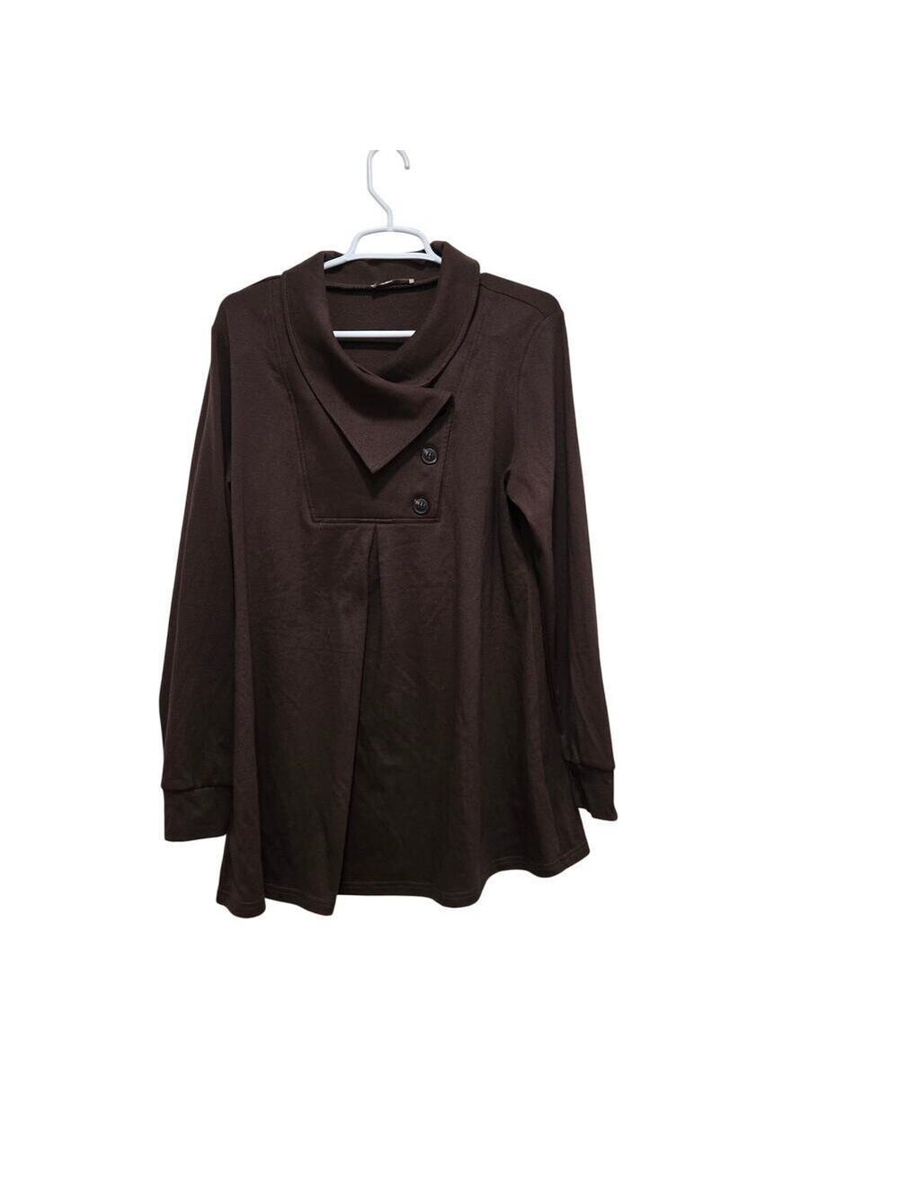 Timeson Brown Cowl Neck Tunic Top XL Asymmetrical Button Stretch